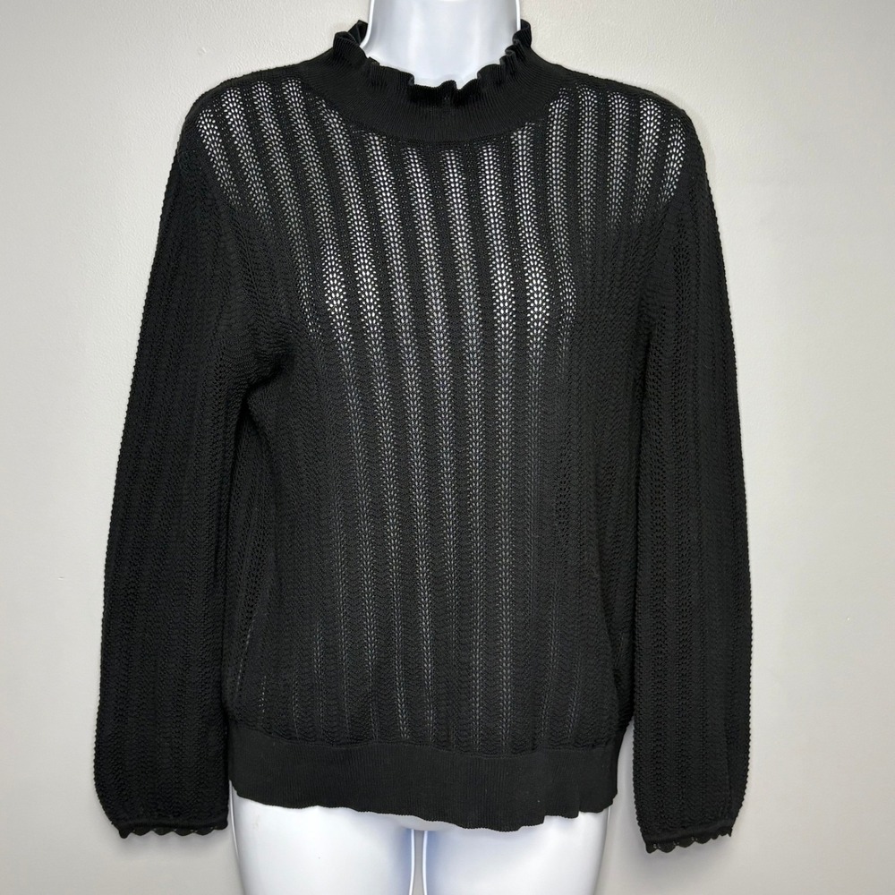 J. Crew Black Sheer Ruffle Mock Neck Preppy Minimlist Cotton Louse Womens Sz S